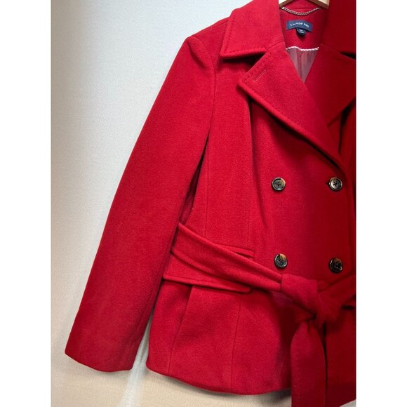 Lands' End Womens Wool Double Breasted Peacoat Long Sleeve Size 16P Red Tie Belt - Picture 6 of 11